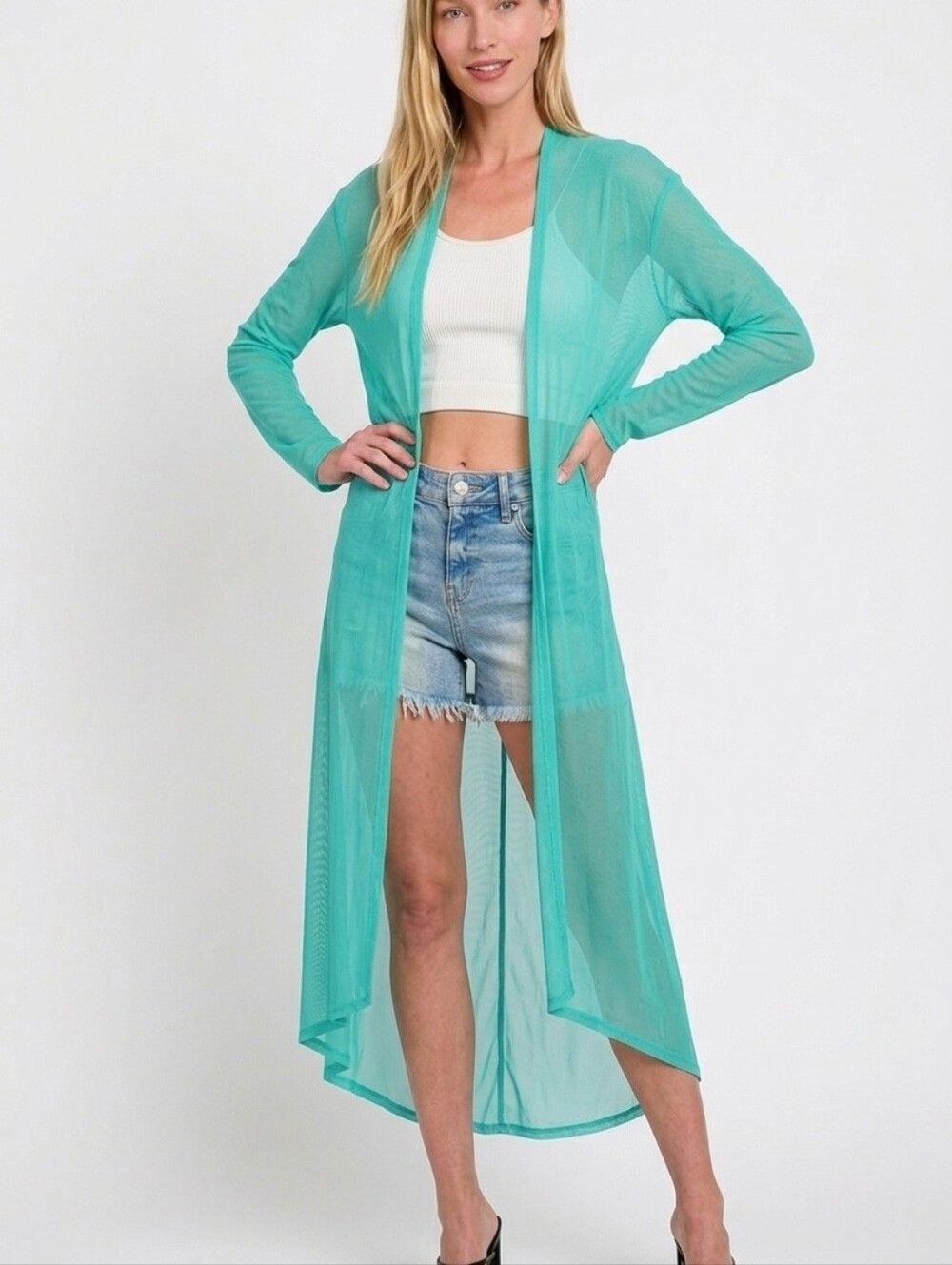 💥3/$12💥Zenana Mesh Open Cardigan Sheer Teal Swim Cover-Up Duster sz Small